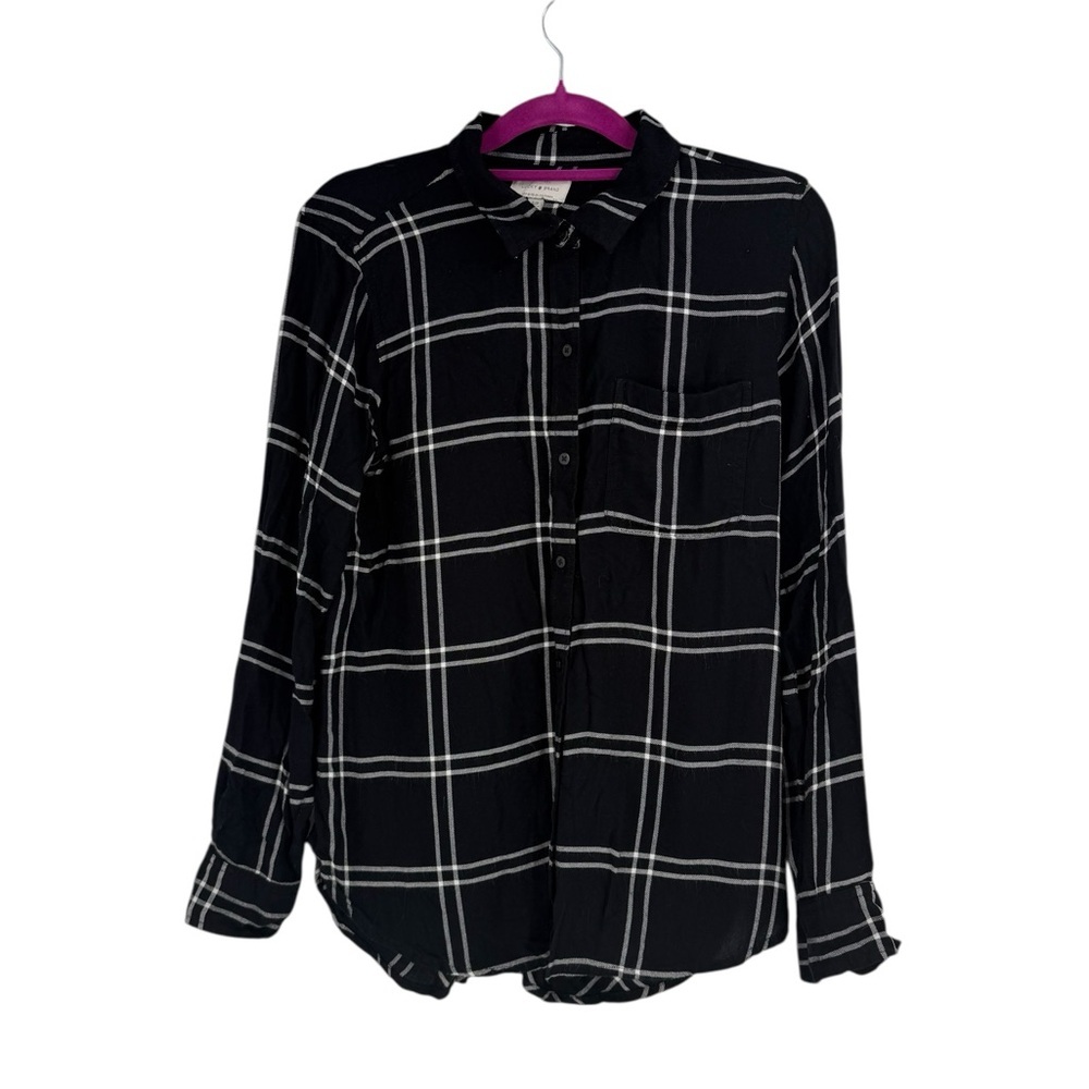 Lucky Brand Black & White Plaid Button-Front Viscose Soft Draped Top